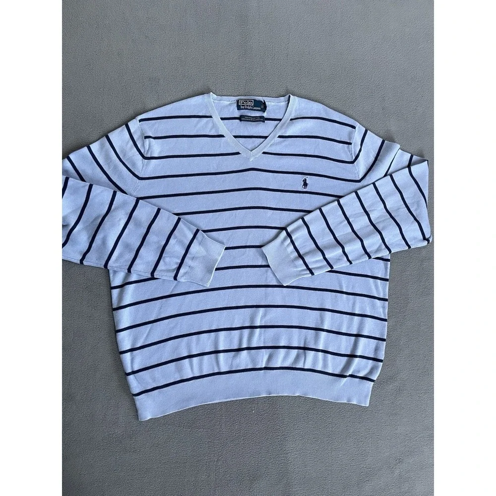 Polo Ralph Lauren Sweater Mens Medium Blue Striped Pima Cotton V Neck Logo Pony